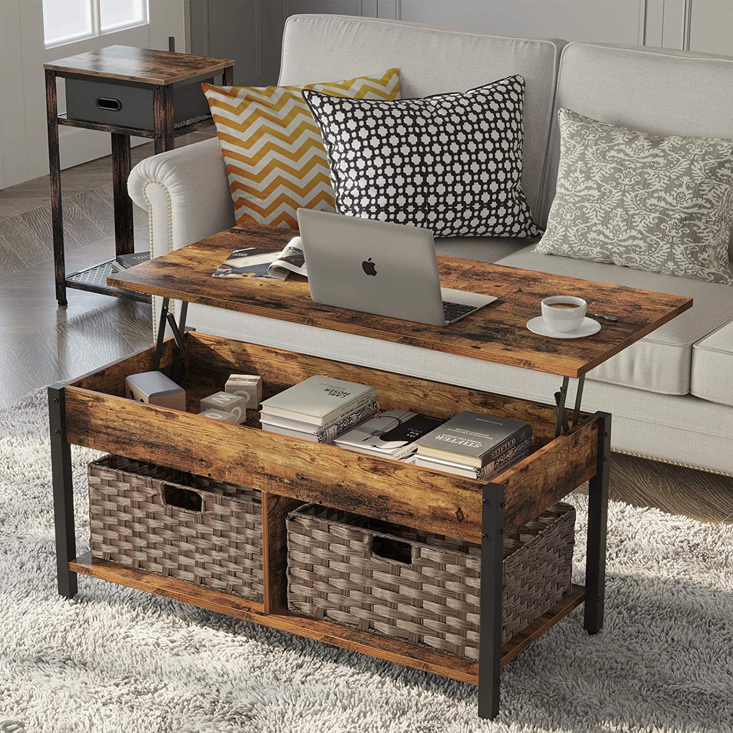 Rolanstar Lift Top Coffee Table with Rattan Baskets