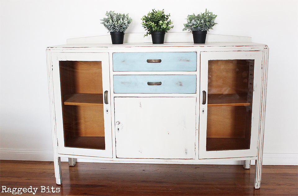white and blue sideboard painted with mineral paint